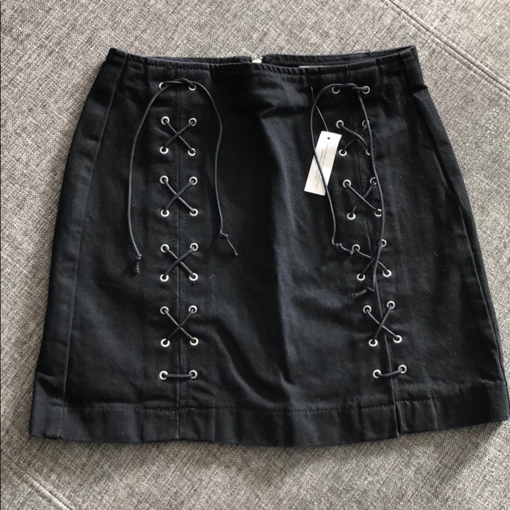 BLACK DENIM TOP SHOP MOTO LACE UP SKIRT